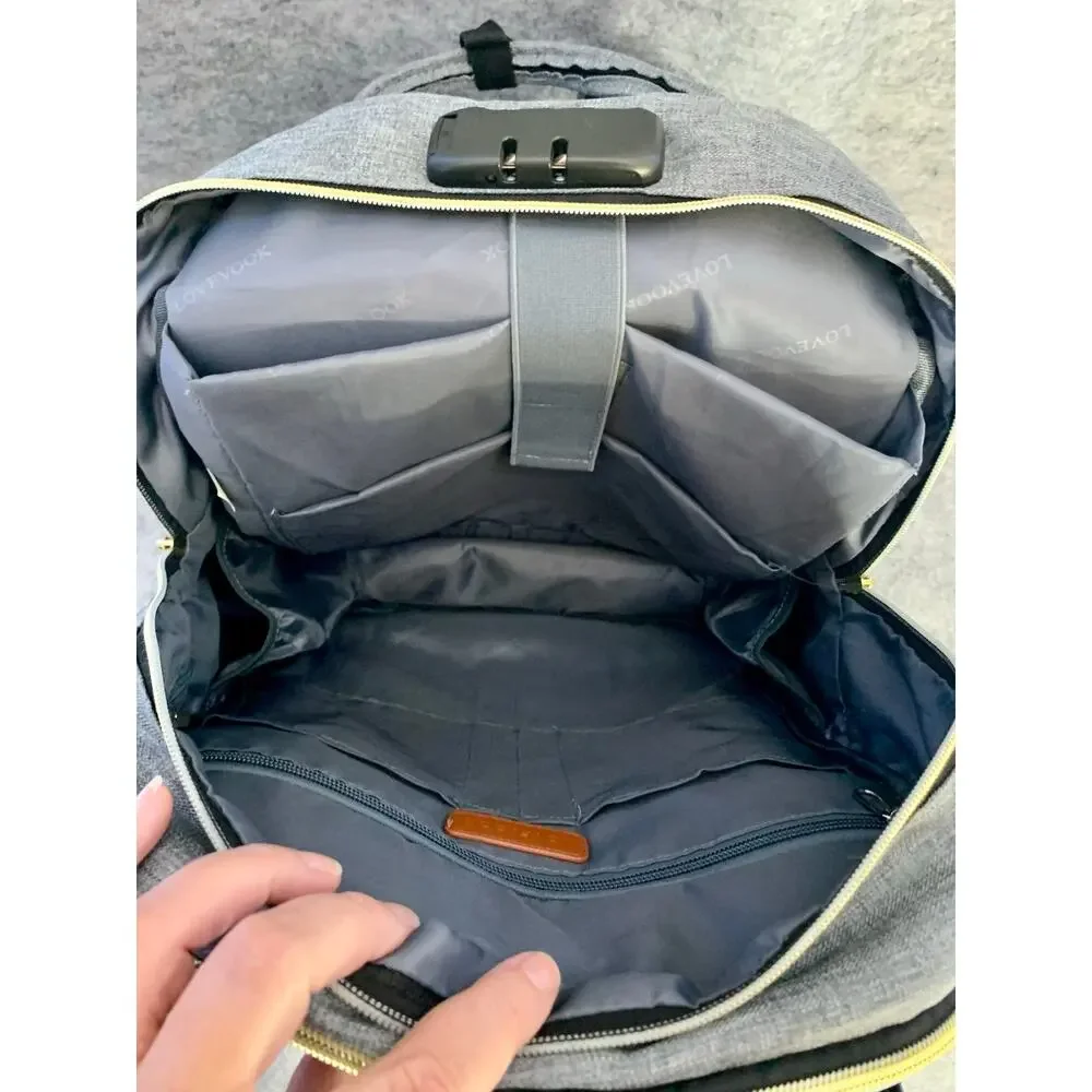 NWOT LoveVook Laptop Backpack Travel Carry On Back to School Gray w Gold Zippers